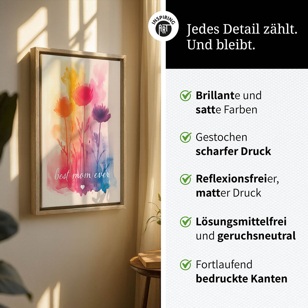 "Best mom ever" Aquarell-Blumen - Leinwandbild bunt