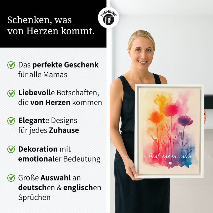 "Best mom ever" Aquarell-Blumen - Leinwandbild bunt