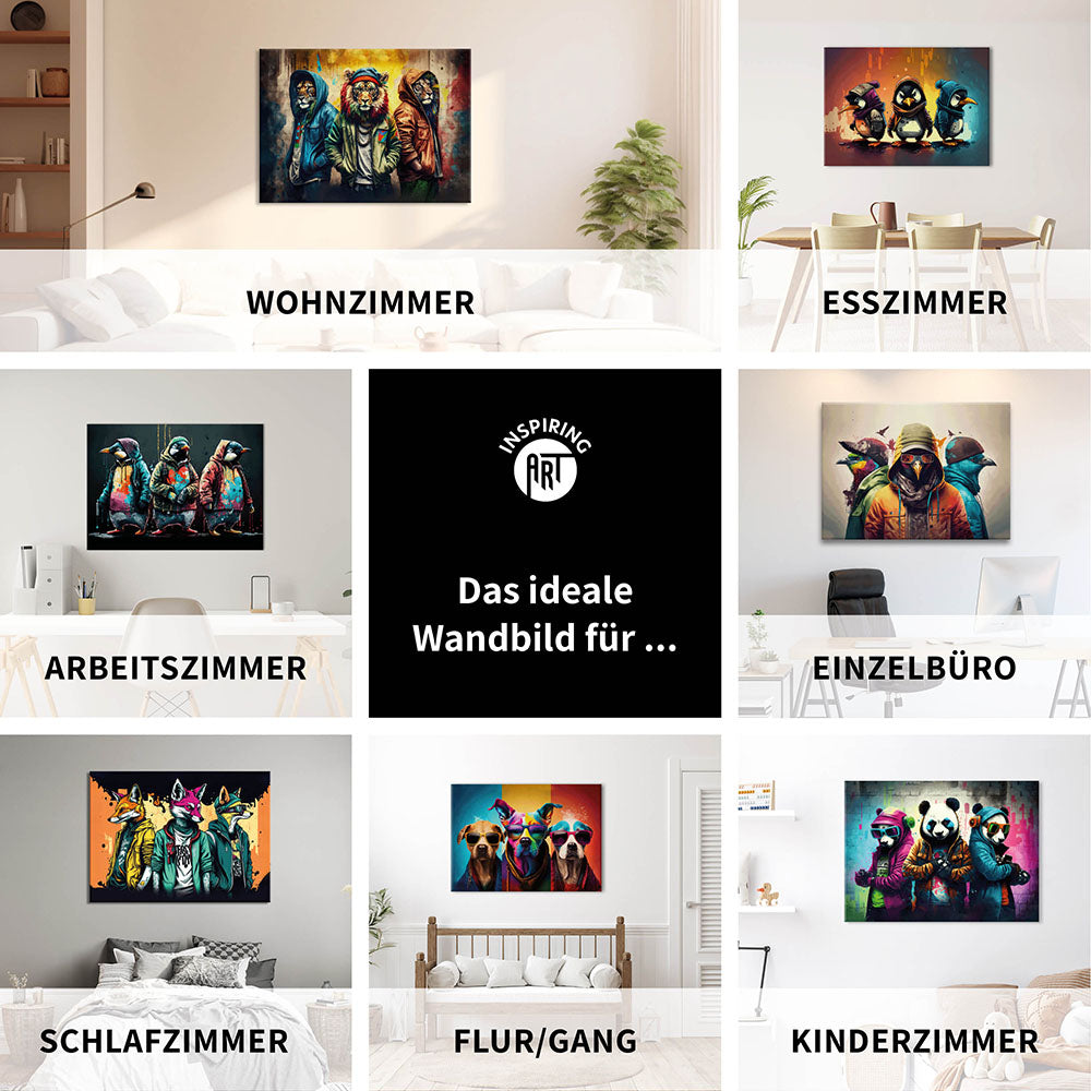 Verschiedene Tiere in cooler Optik als Wandbild auf Leinwand