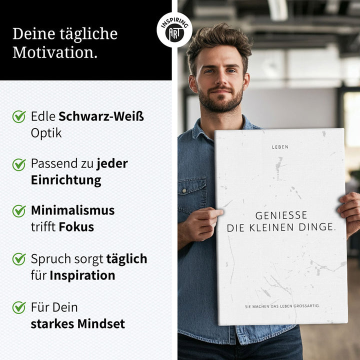 Genieße die kleinen Dinge. – Leinwand Wandbild Motivation