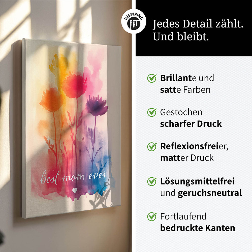 "Best mom ever" Aquarell-Blumen - Leinwandbild bunt