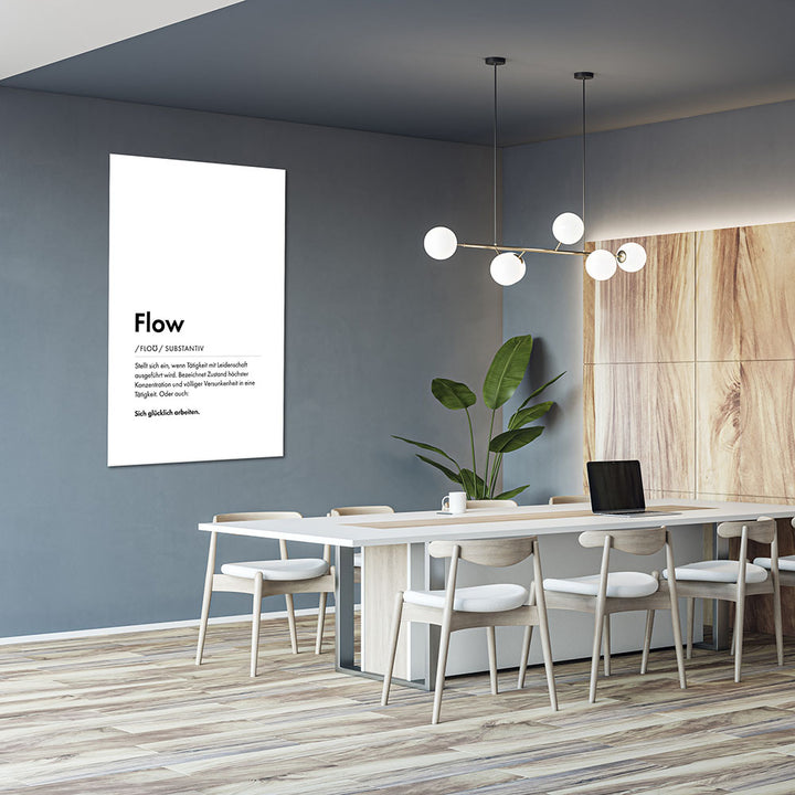 Flow - Wortdefinition-Wandbild - Leinwand Weiss Neutral im Hochformat - Typografie Worte Sprache Business Job