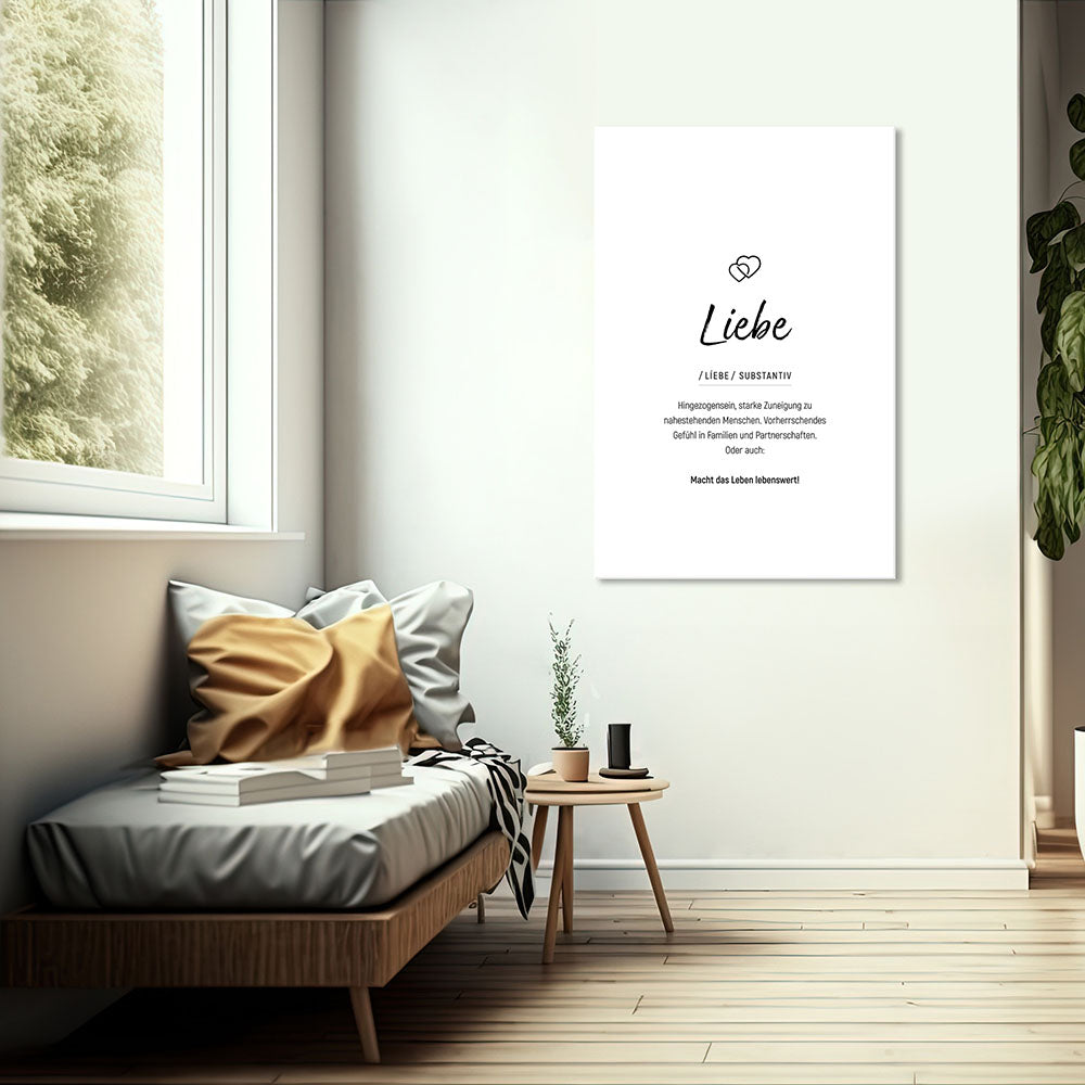 Mockup Liebe - Wortdefinition-Wandbild - Leinwand Weiss Neutral im Hochformat - Typografie Worte Sprache Leben Alltag