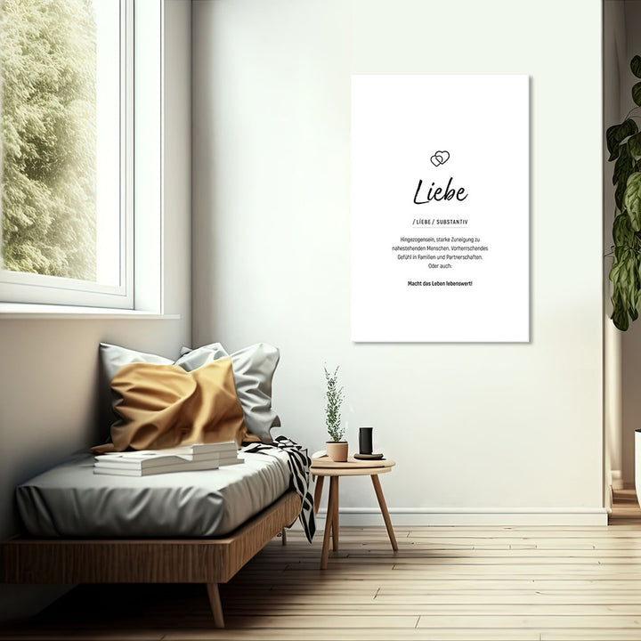 Mockup Liebe - Wortdefinition-Wandbild - Leinwand Weiss Neutral im Hochformat - Typografie Worte Sprache Leben Alltag
