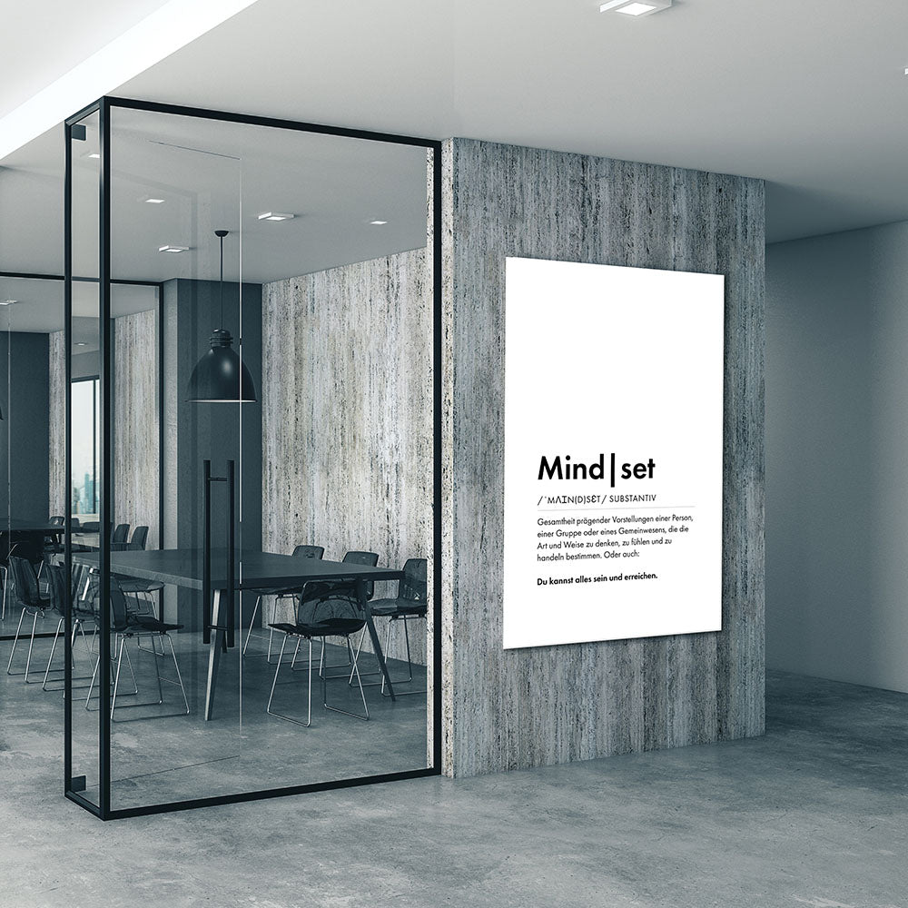 Mindset - Wortdefinition-Wandbild - Leinwand Weiss Neutral im Hochformat - Typografie Worte Sprache Business Job