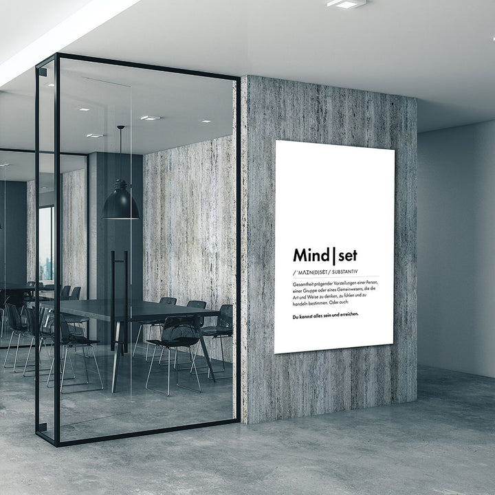 Mindset - Wortdefinition-Wandbild - Leinwand Weiss Neutral im Hochformat - Typografie Worte Sprache Business Job