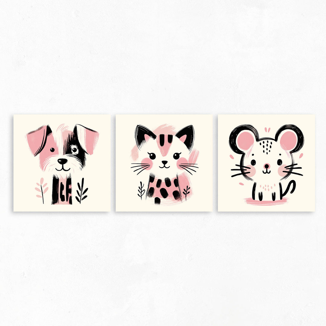 3er-Set Kinderzimmer-Wandbilder "Ani-Mali" Rosa