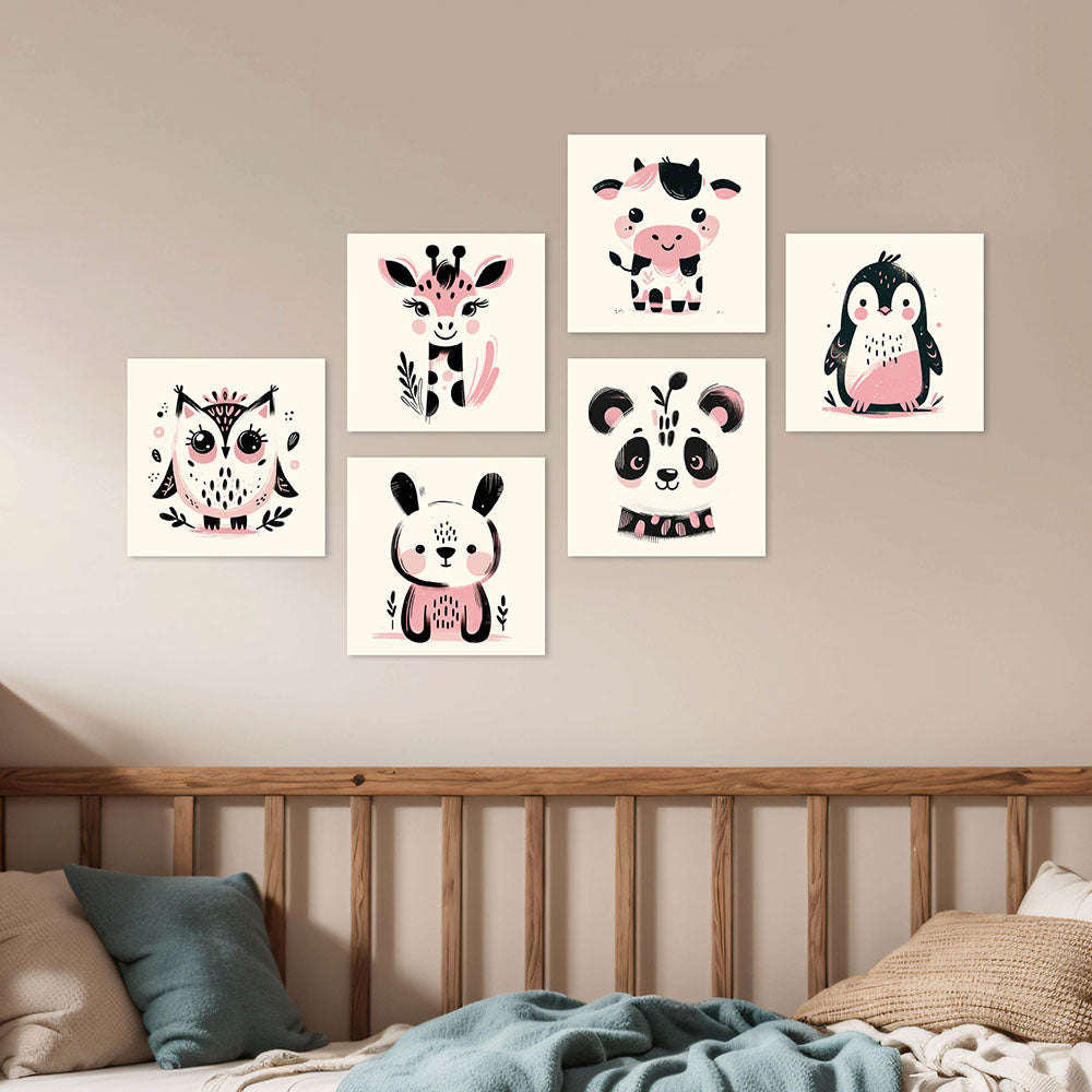 6er-Set Kinderzimmer-Wandbilder "Ani-Mali" Rosa