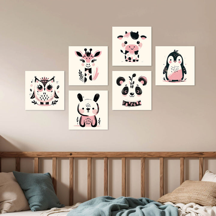 6er-Set Kinderzimmer-Wandbilder "Ani-Mali" Rosa