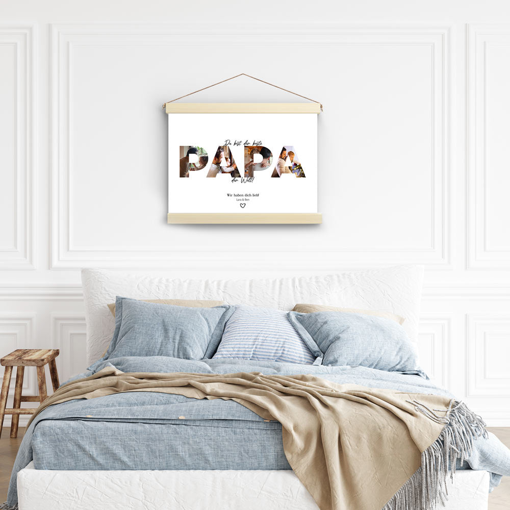 Fotogeschenk: Personalisiertes Stoffbild mit Holzleisten "Du bist der beste Papa der Welt"