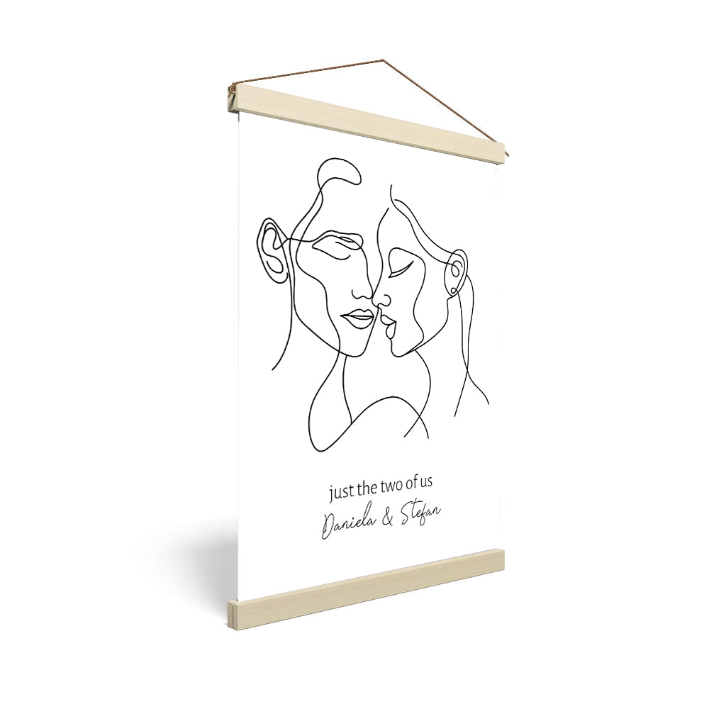 personlisiertes Stoffbild mit Holzleisten Line Art Mann Frau Liebe Hochzeit Geschenk