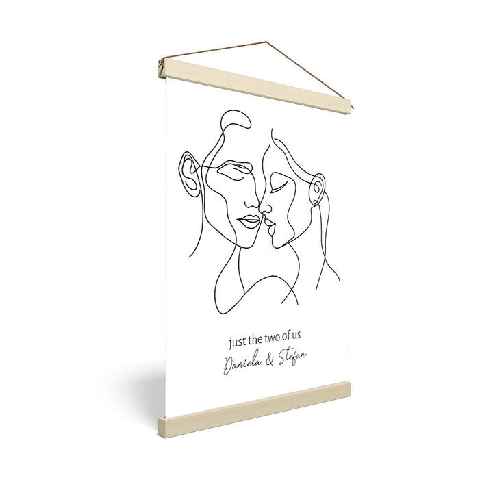 personlisiertes Stoffbild mit Holzleisten Line Art Mann Frau Liebe Hochzeit Geschenk