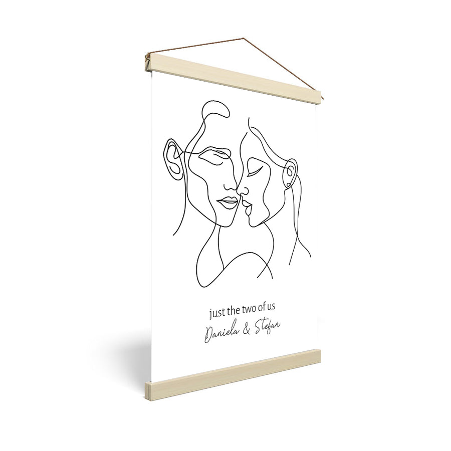 personlisiertes Stoffbild mit Holzleisten Line Art Mann Frau Liebe Hochzeit Geschenk