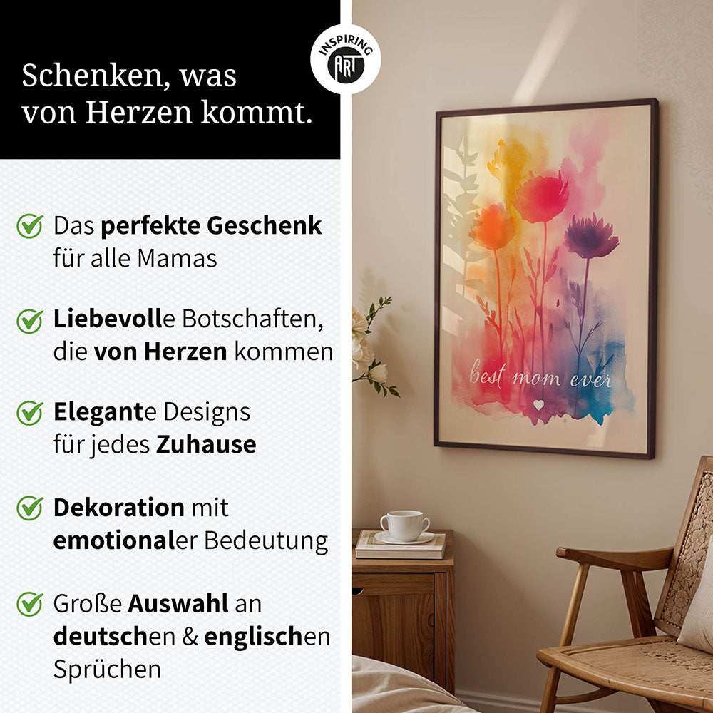 "Best mom ever" Aquarell-Blumen - Poster bunt