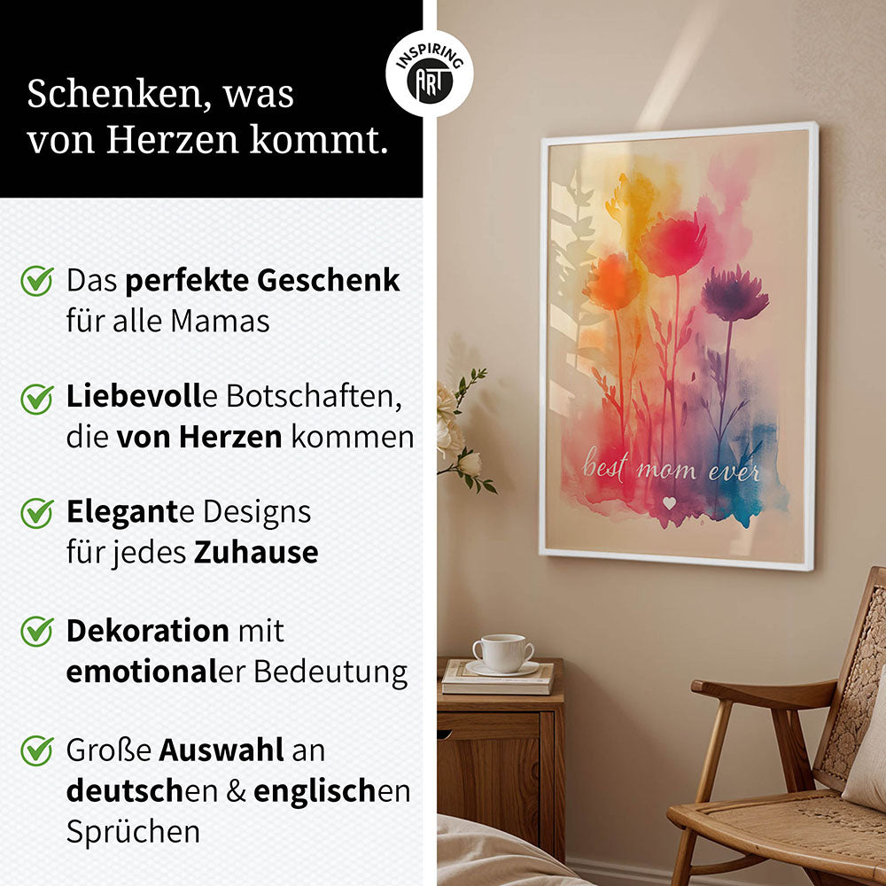 "Best mom ever" Aquarell-Blumen - Poster bunt
