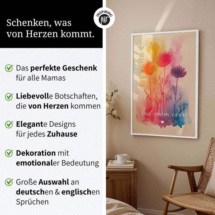 "Best mom ever" Aquarell-Blumen - Poster bunt