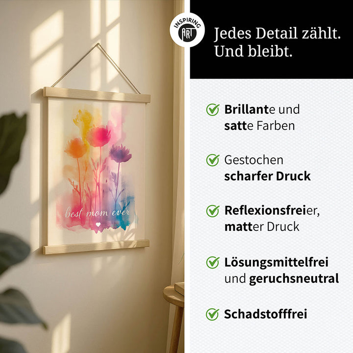 "Best mom ever" Aquarell-Blumen - Stoffbild mit Holzleisten bunt